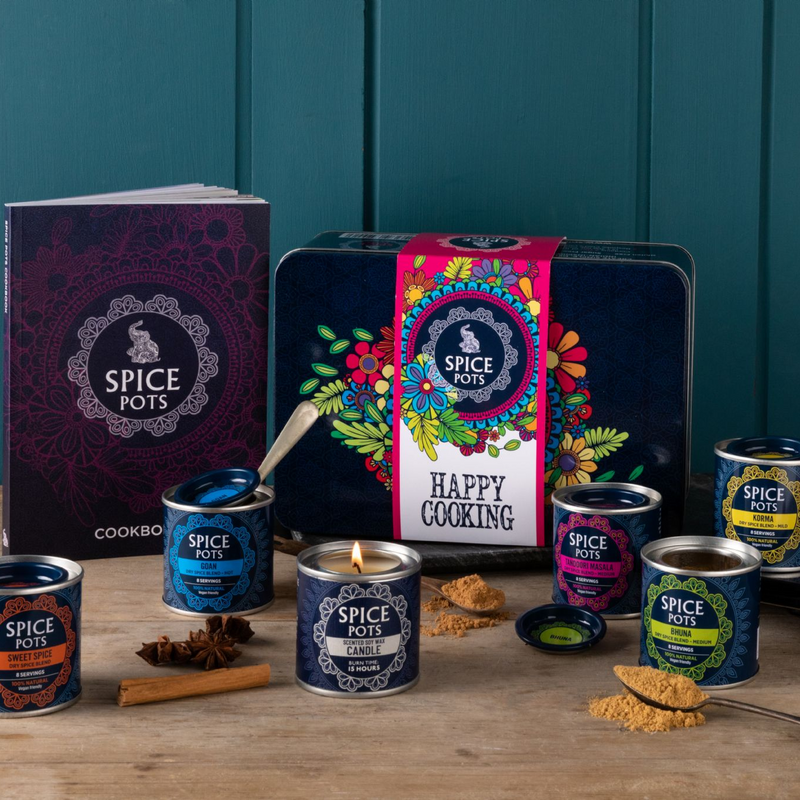 Spice Pots Happy Cooking Gift Set - 5 Indian Spices, Cookbook and a Candle