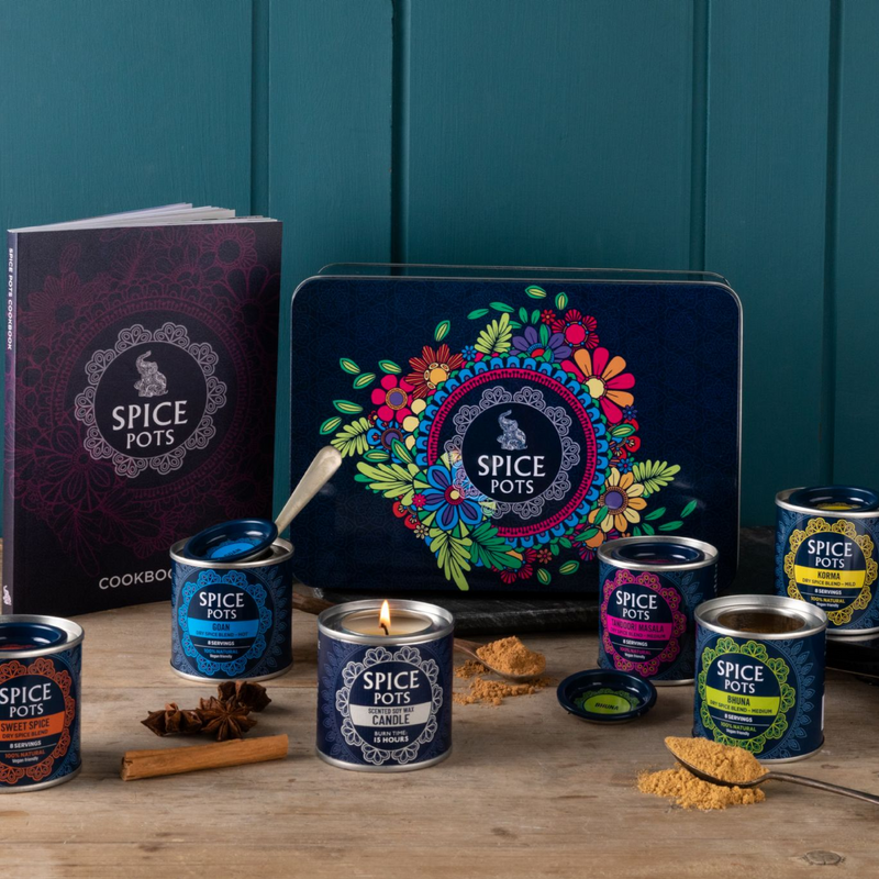 Spice Pots Luxury Indian Tin - 5 Indian Spices, Cooks Candle & Cookbook