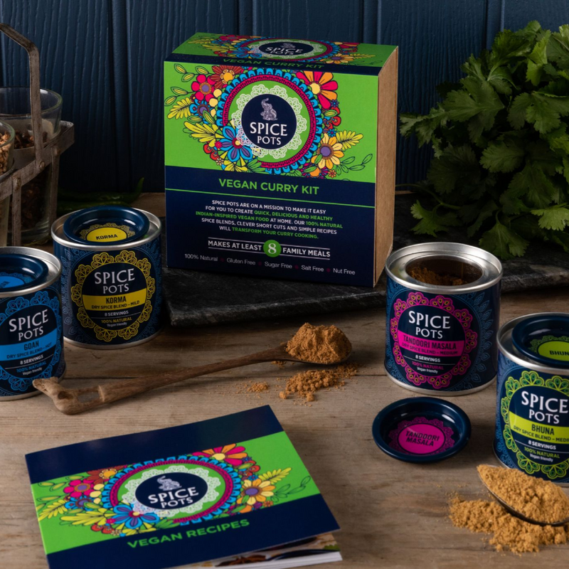 Spice Pots Vegan Curry Kit - 4 Indian Curry Powders with 8 Vegan Recipes